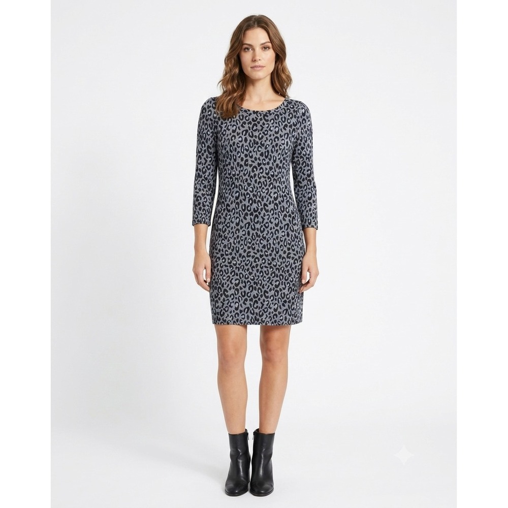Talbots Shift Dress Womens L Gray Black Leopard Print Stretch 3/4 Sleeve Classic